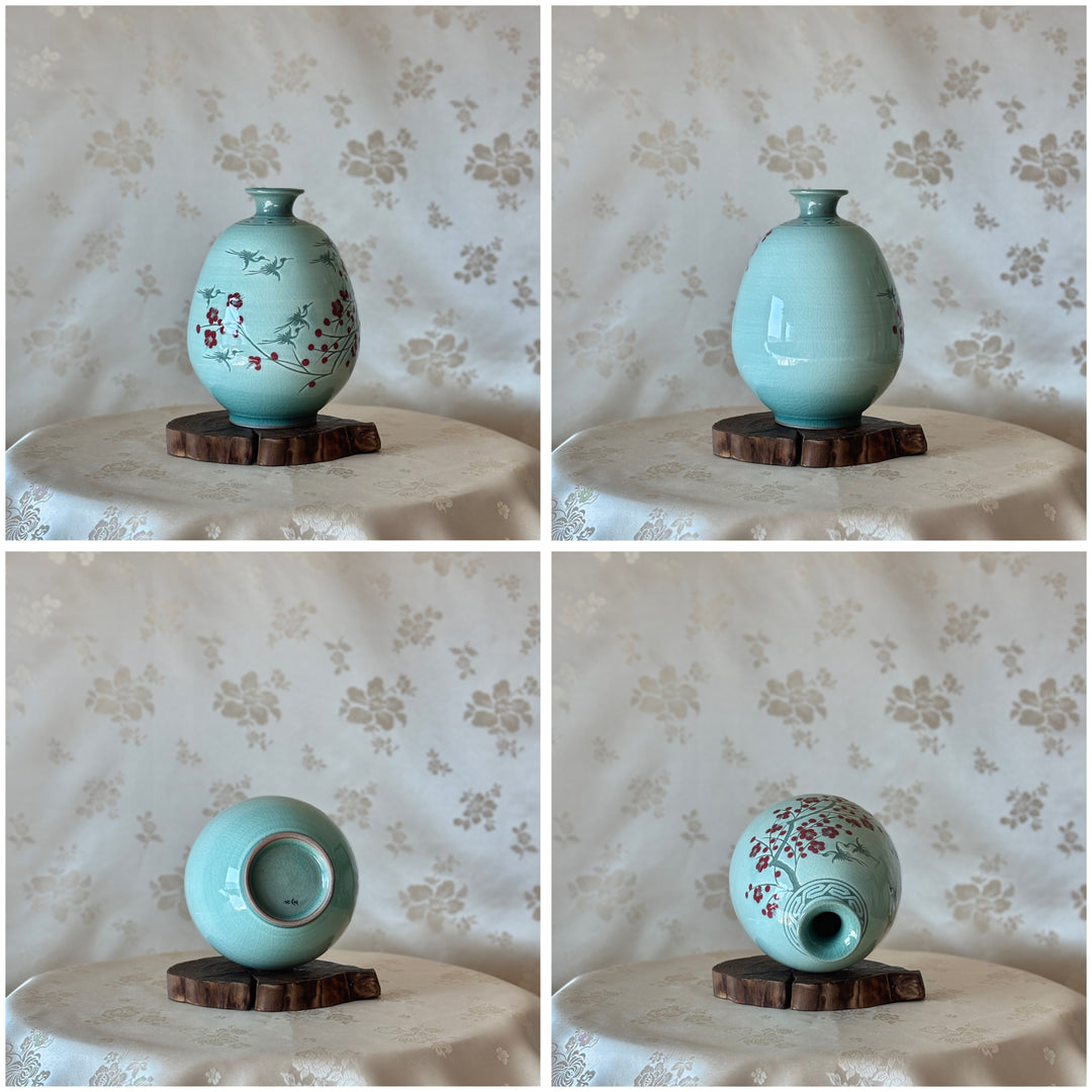 White Celadon Set of Plate and Vase with Plum Blossom Pattern