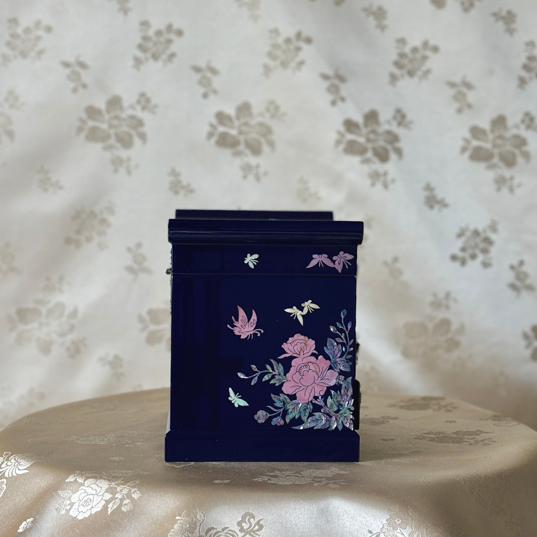 Mother of Pearl Cobalt Jewelry Box with Butterfly and Peony Pattern