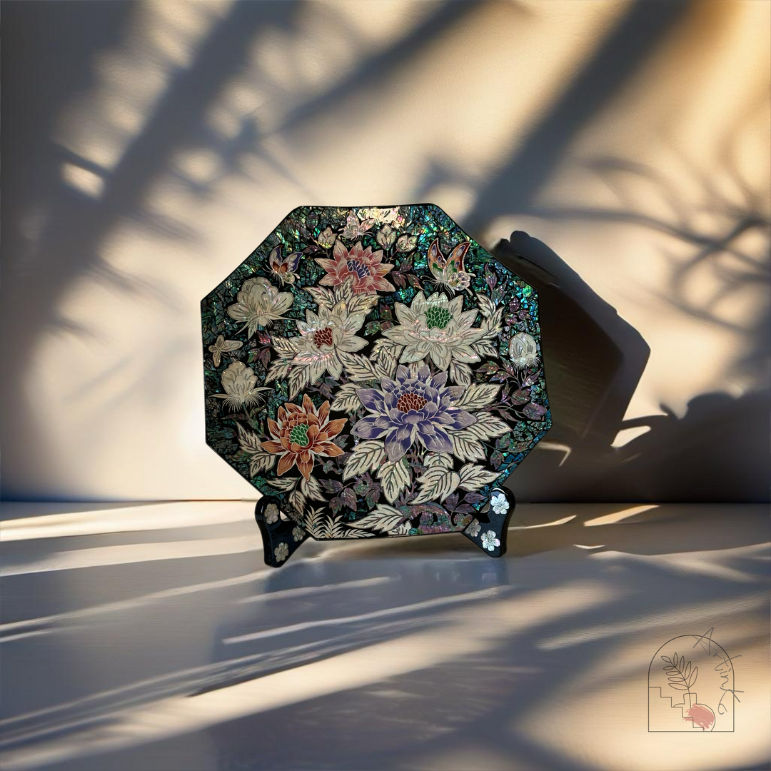 Mother of Pearl Octagon Plate with Butterfly and Peony Design