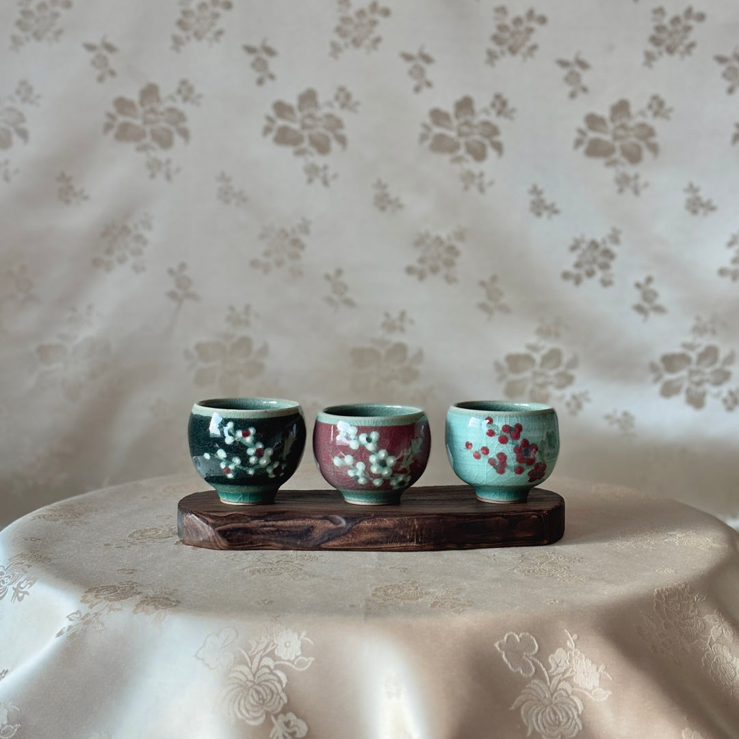 Celadon Cup Set with Distinct Color Inlays: Plum Blossom Motif