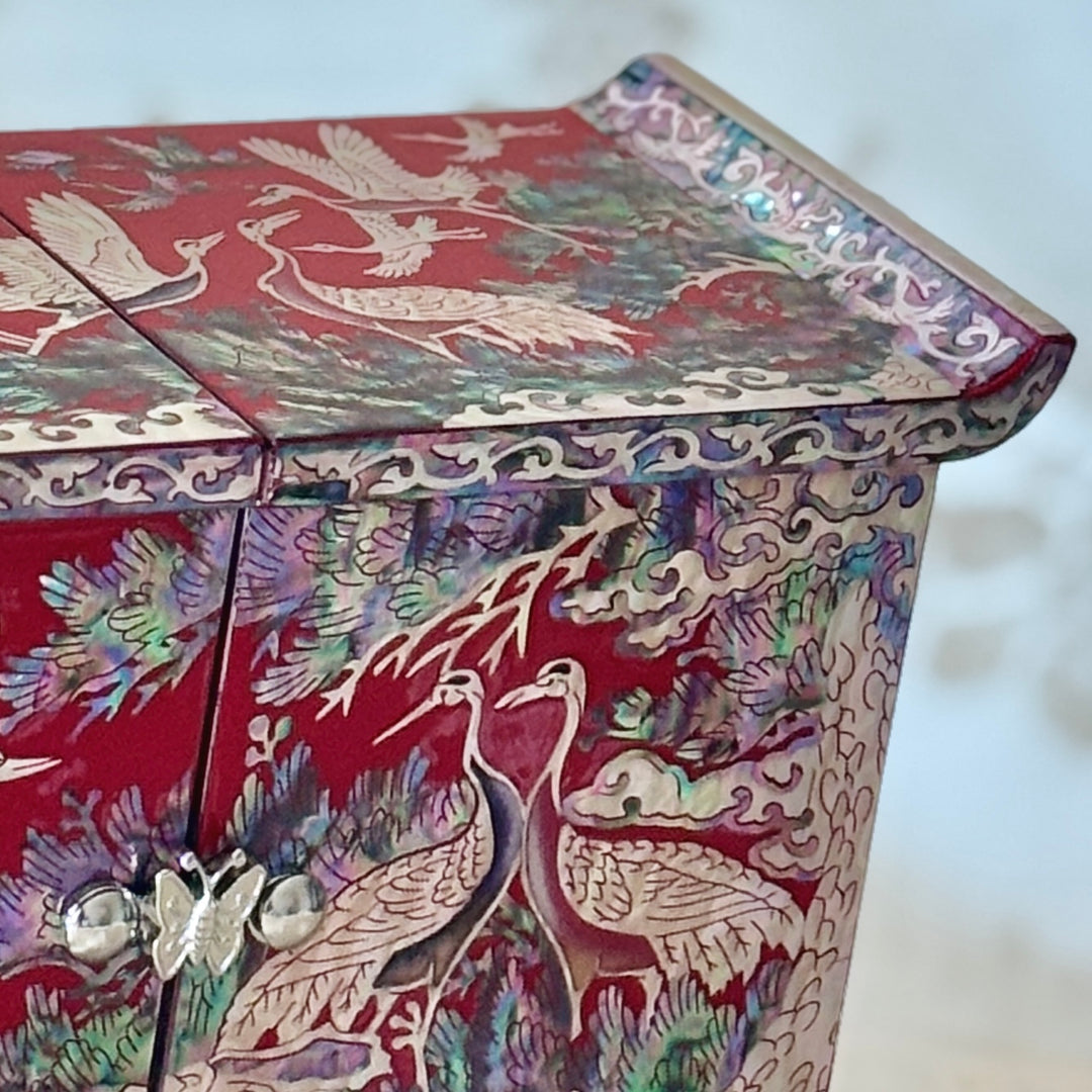 Mother of Pearl Red Jewelry Box with Pine and Crane Design