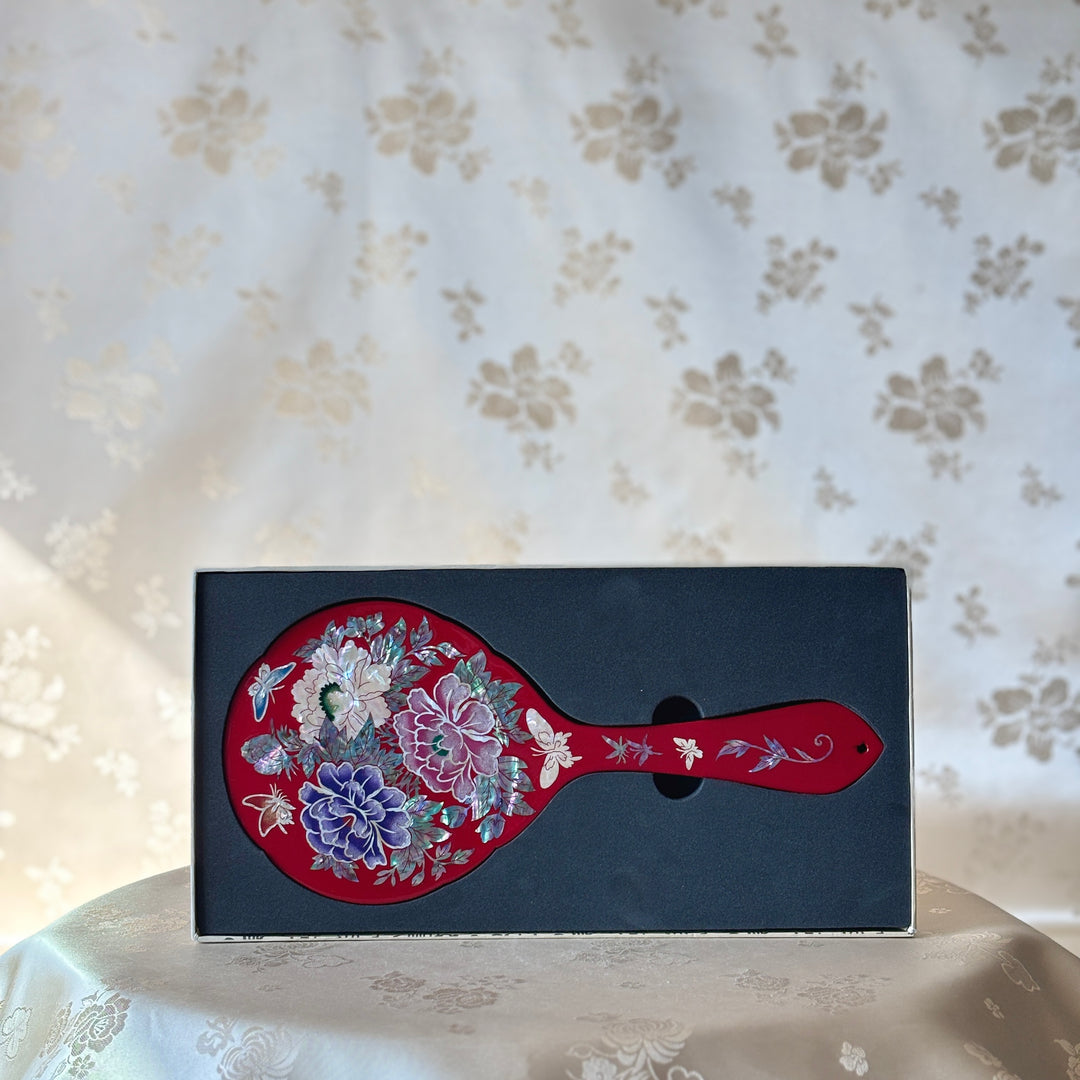 Red Mother of Pearl Hand Mirror with Butterfly and Flower Motif