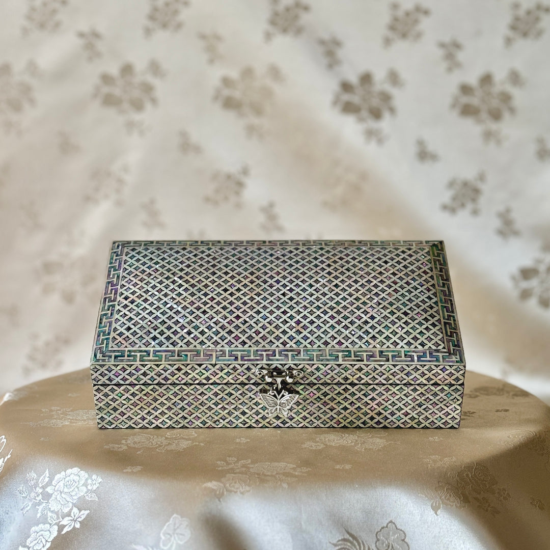 Mother of Pearl Handmade Wooden Letter or Jewelry Box with Chilbo Jeonbo Pattern