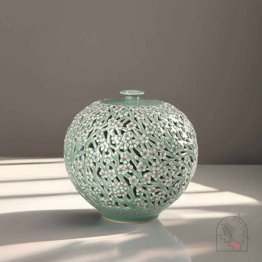 Celadon Double-Wall Openwork Vase with Plum Blossom Pattern