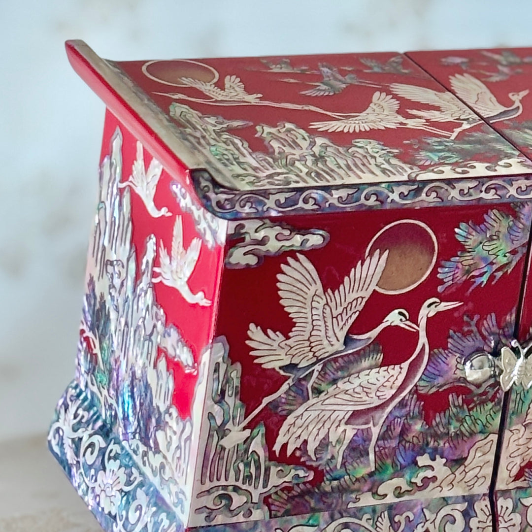 Mother of Pearl Red Jewelry Box with Pine and Crane Design