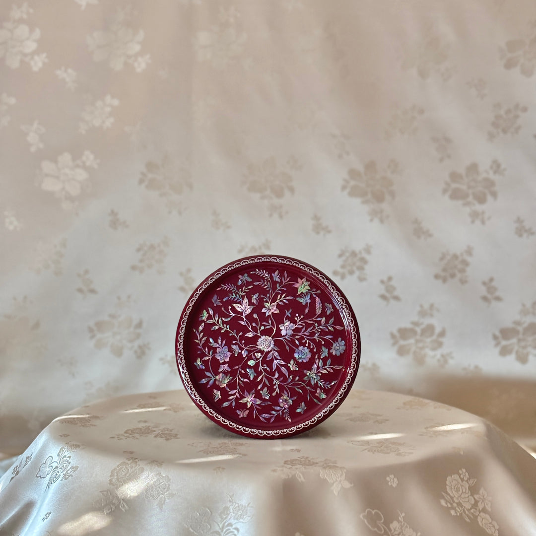 Mother of Pearl Table in Wine Color Featuring Peony and Butterfly Motif