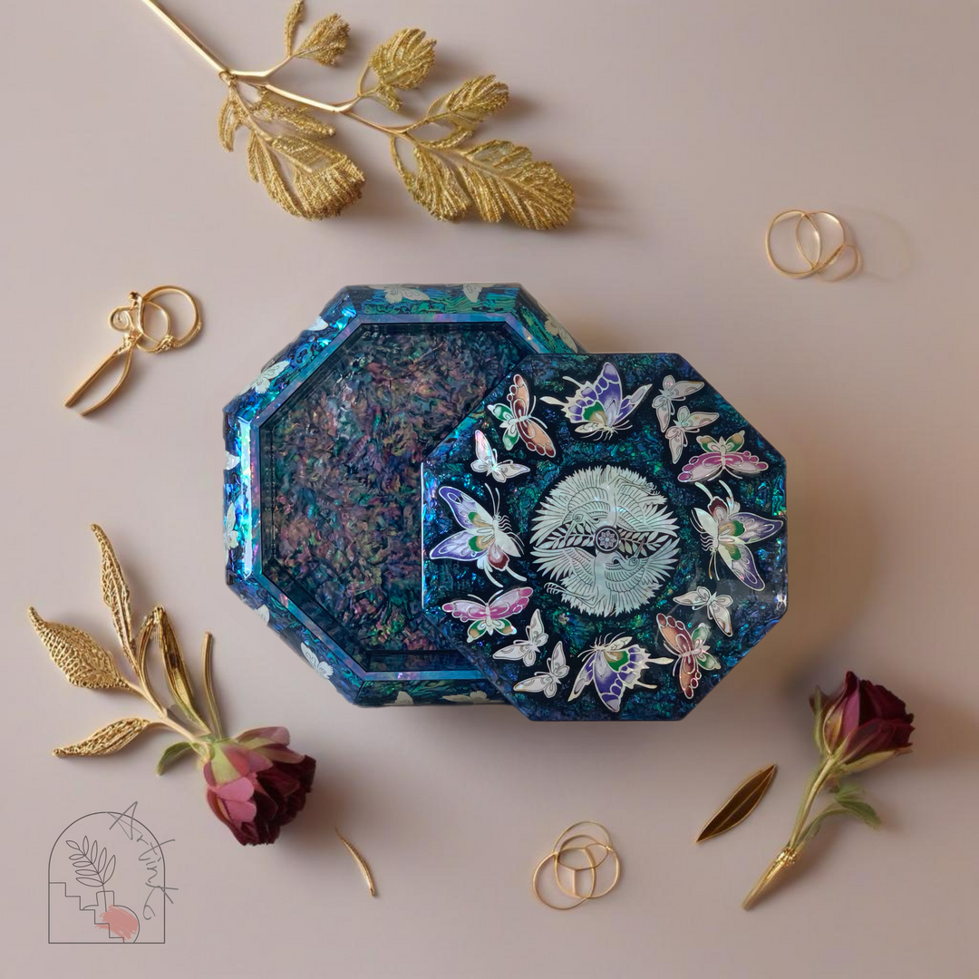 Mother of Pearl Octagon Jewelry Box with Crane and Butterfly Pattern