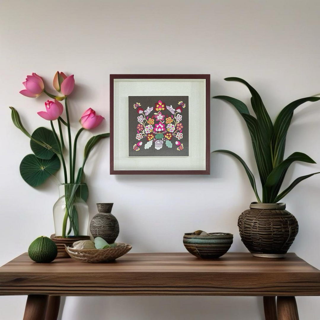 Embroidery with Potted Lotus Pattern in Wooden Frame