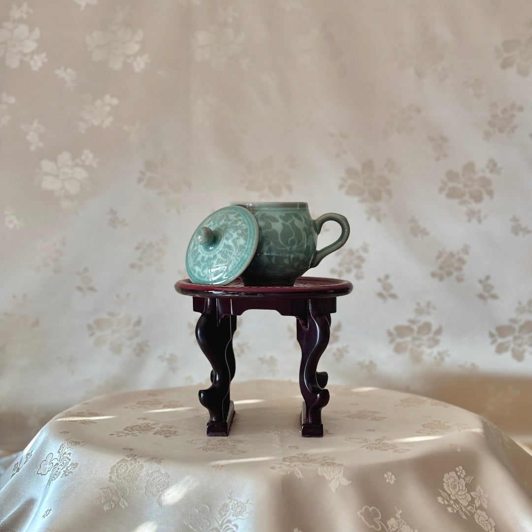 Mother of Pearl Table in Wine Color Featuring Peony and Butterfly Motif