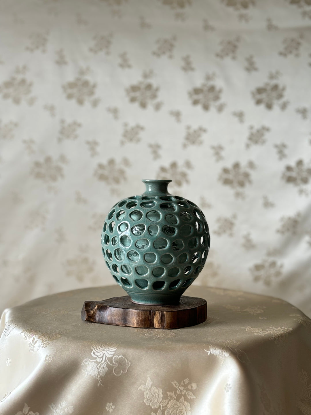 Celadon Double-Wall Openwork Vase with Intricate Carved Crane and Cloud Design