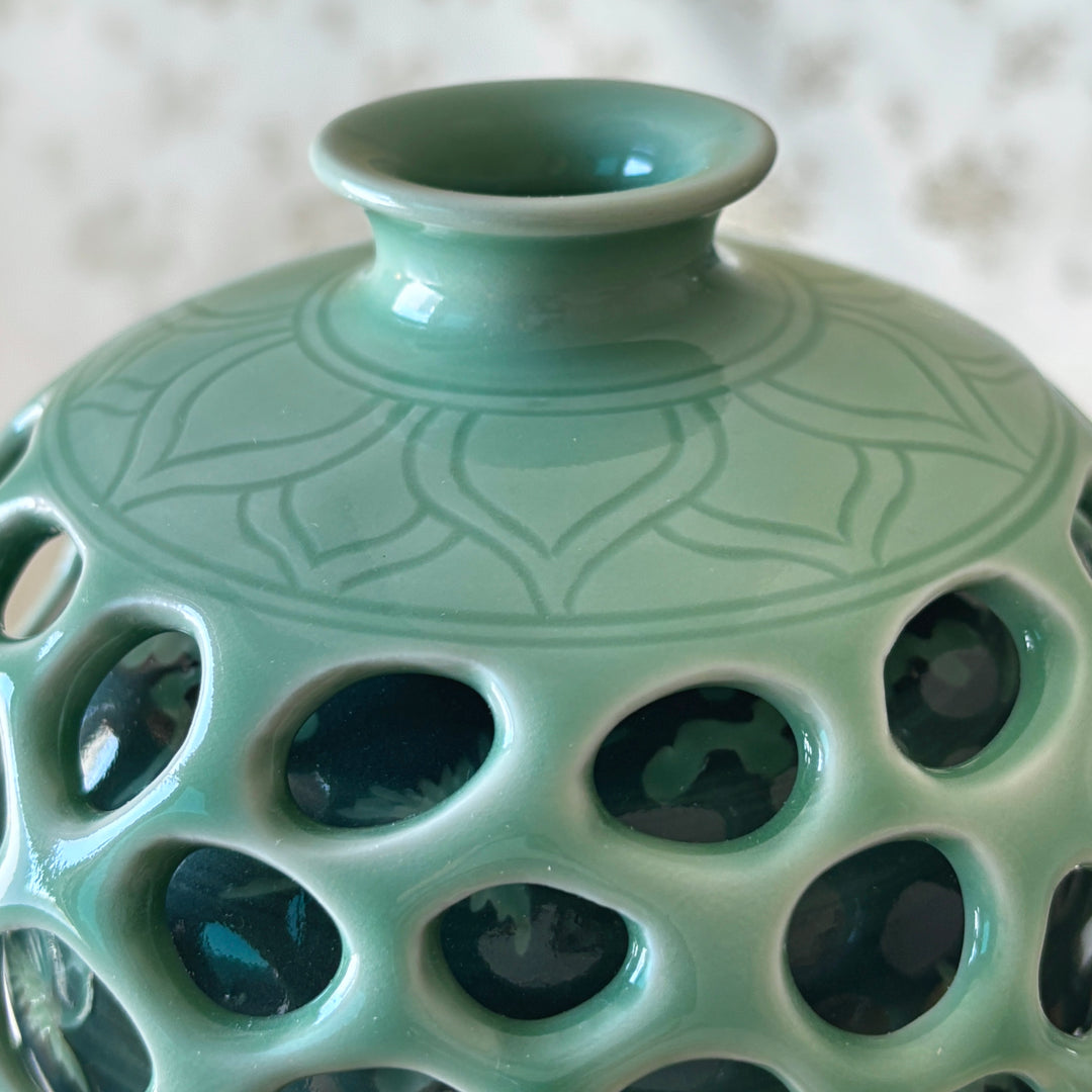 Celadon Double-Wall Openwork Vase with Intricate Carved Lotus, Crane and Cloud Design