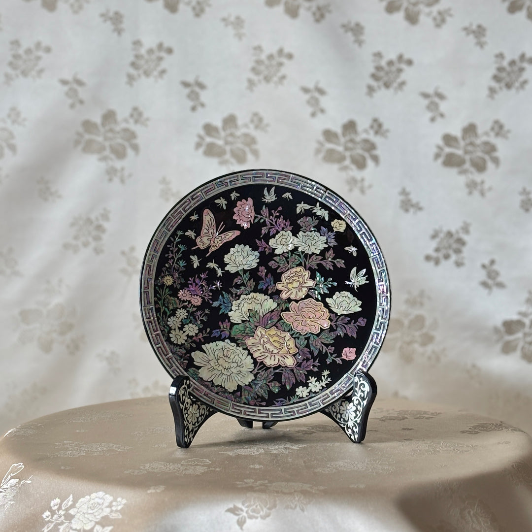 Mother of Pearl Decorative Plate with Peony and Butterfly Design