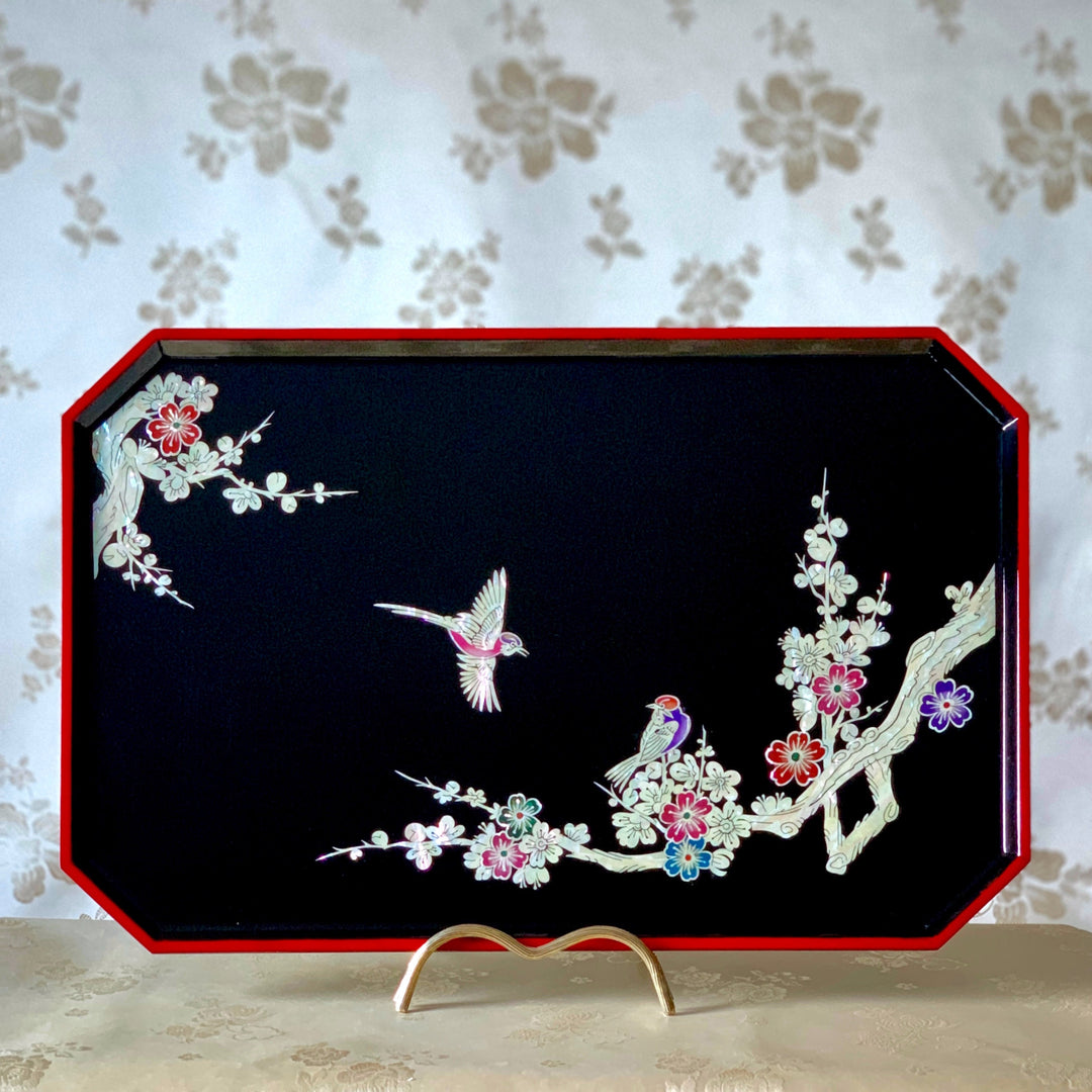 Handmade Mother of Pearl Wooden Tray with birds and plum blossom pattern, featuring harmonized black and red lines. Perfect for serving cups or dishes or as a home decor display piece. Ideal for housewarming gifts.