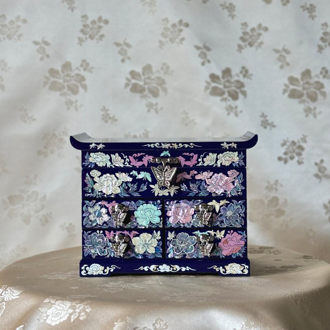 Mother of Pearl Cobalt Jewelry Box with Butterfly and Peony Pattern