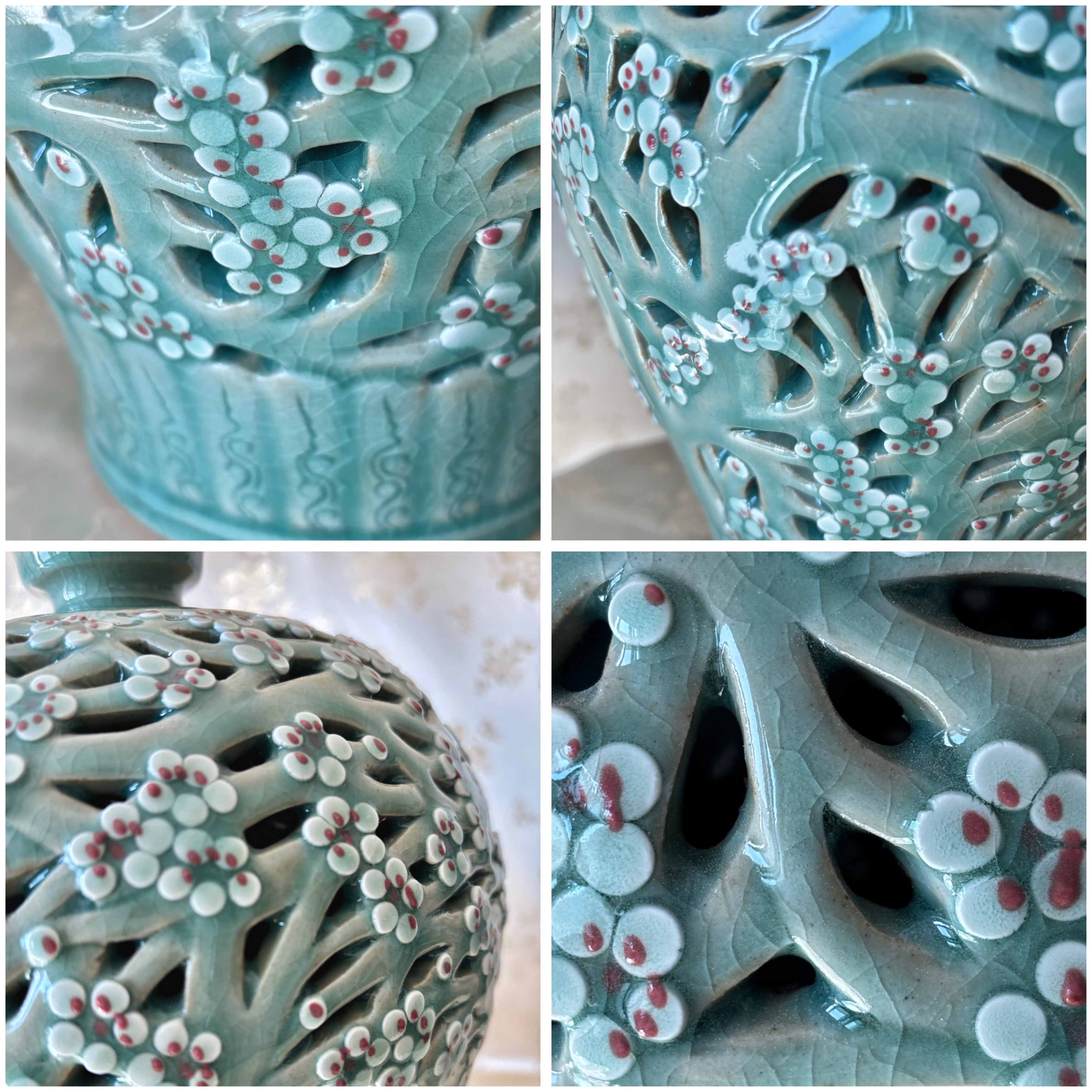 Handmade Korean celadon double-wall openwork vase featuring intricate plum blossom motifs in white and red, showcasing traditional craftsmanship.