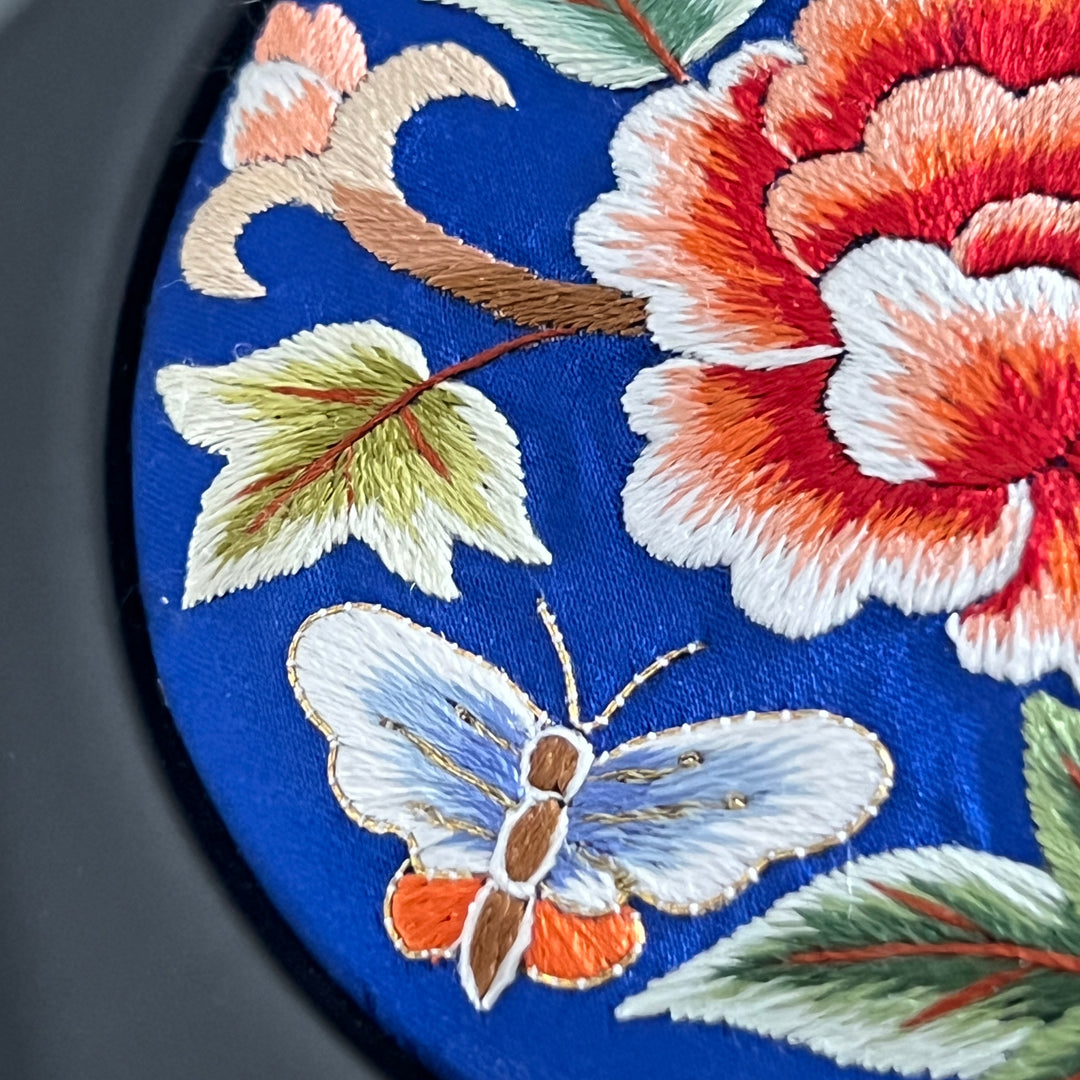 Navy Silk Embroidered Peony and Butterfly Hexagonal Storage Box