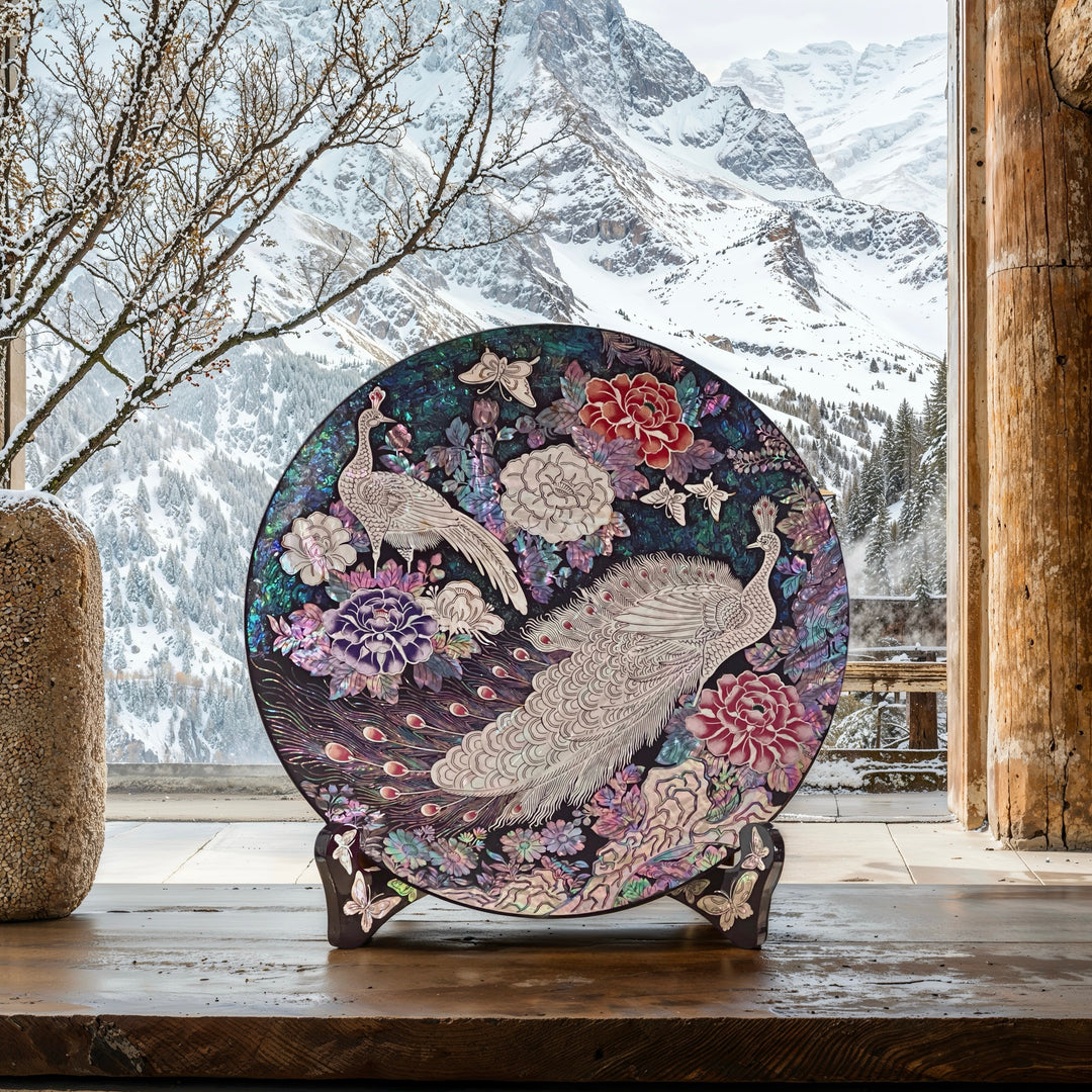 Mother of Pearl Wooden Plate with Peacock, Peony, and Abalone Details