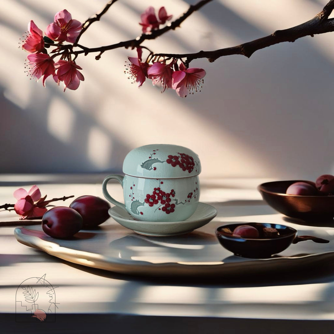 White Inlay Celadon Tea Cup with Embossed Plum Blossom Design