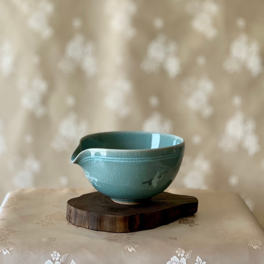 Celadon Set of Two Tea Cups and saucer with Inlaid Cranes Pattern