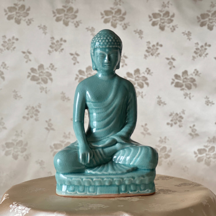 Korean Traditional Handmade Celadon Buddha Statue in lotus position, ideal for decorating tables, living rooms, or meditation spaces.