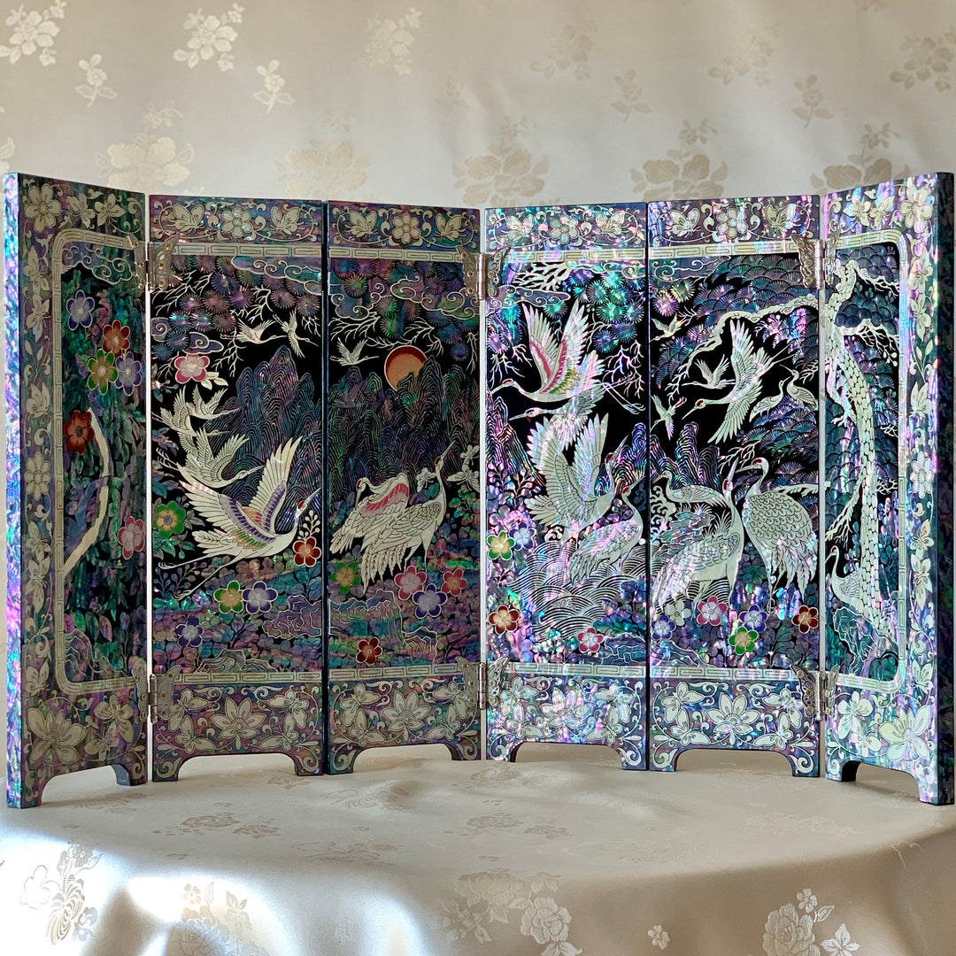 Mother of Pearl Wooden Folding Screen with Pine and Crane Pattern and Poem