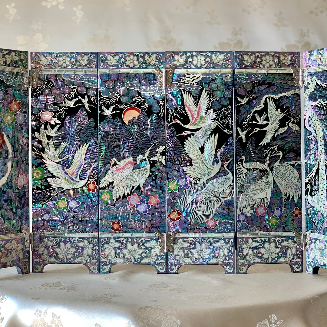 Mother of Pearl Wooden Folding Screen with Pine and Crane Pattern and Poem