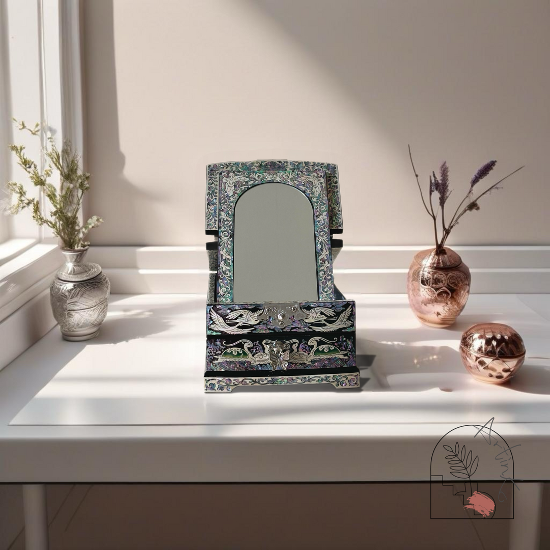 Mother of Pearl Middle Size Jewelry Box with Mirror Stand and Pattern of Longevity of Symbols