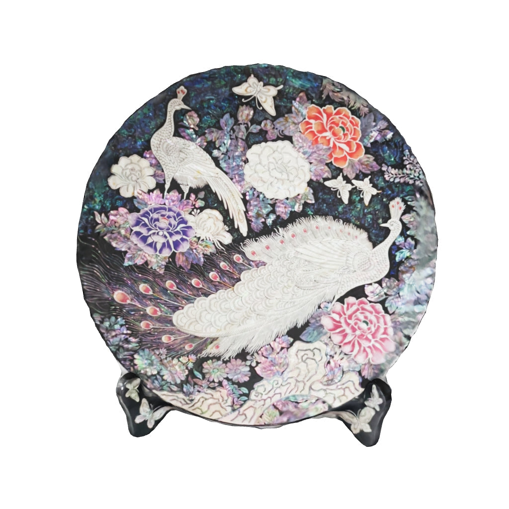 Mother of Pearl Wooden Plate with Peacock, Peony, and Abalone Details