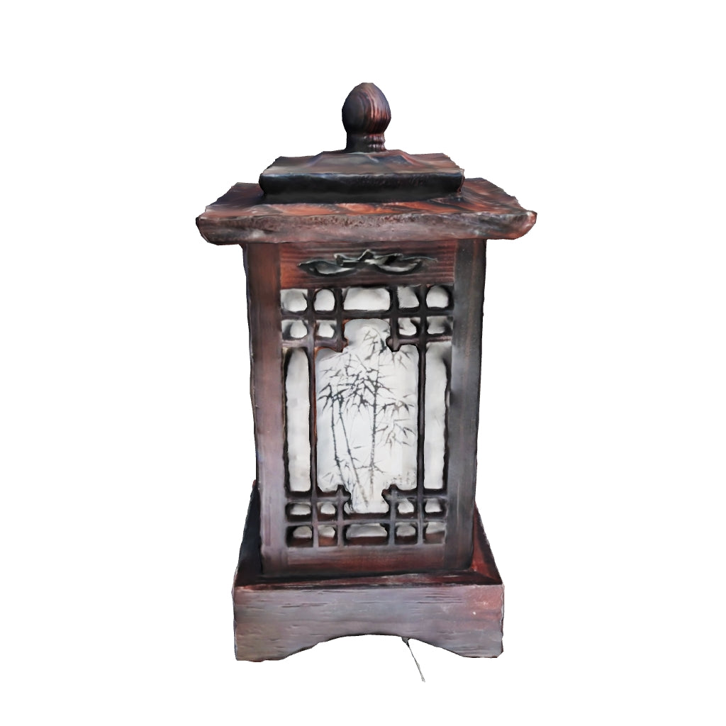 Wooden Accent Table Lamp with Square Pagoda Roof and Sagunja Pattern