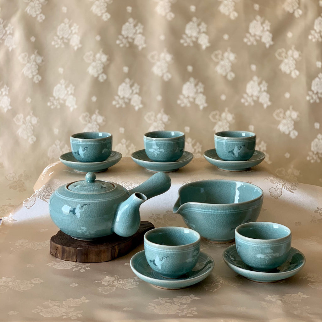 即納新品漢青陶窯　韓国人気作家作　高麗青磁　雲鶴象嵌　茶碗　茶道具　茶器 高麗