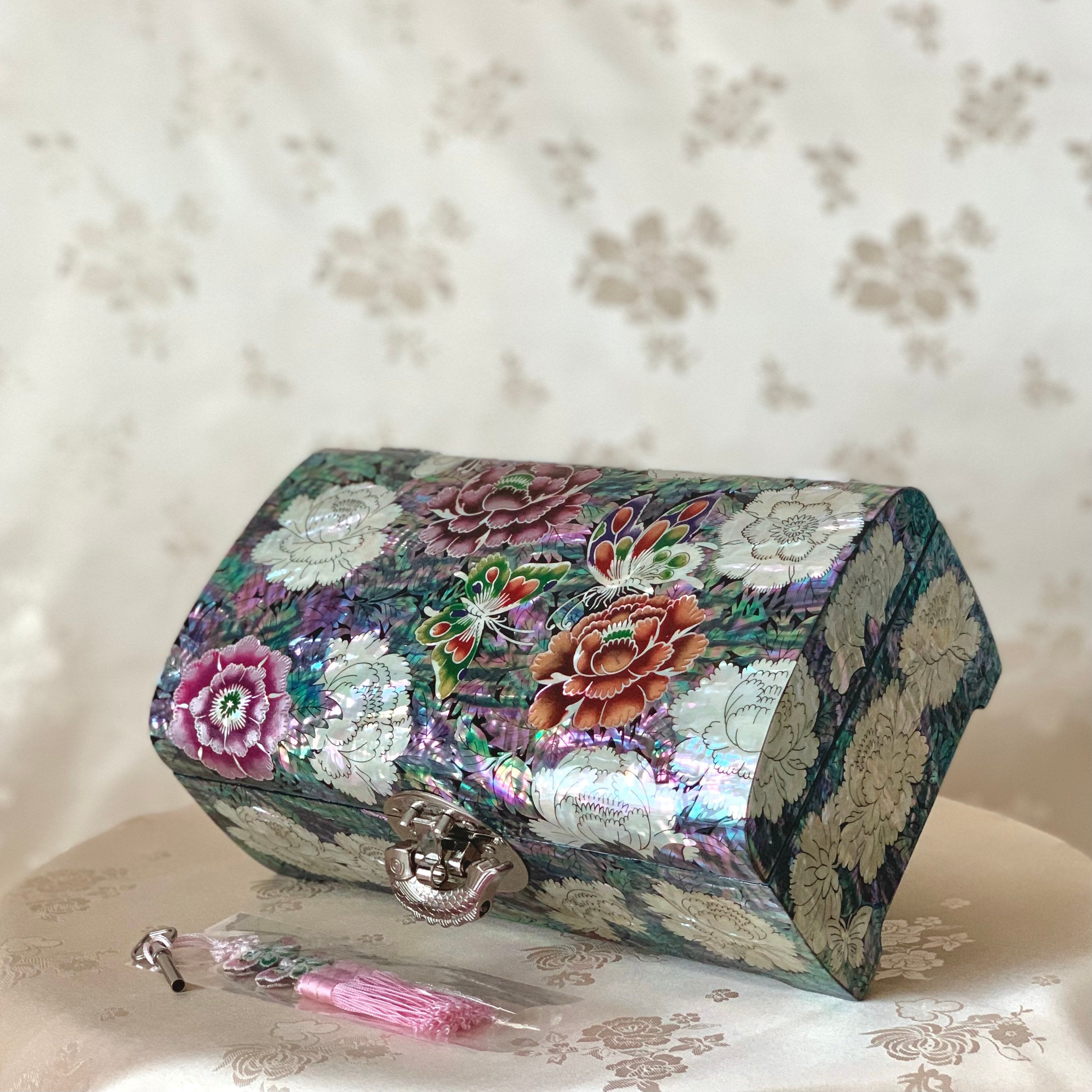 Mother of Pearl Handmade Jewelry Box with Butterfly and Peony 
